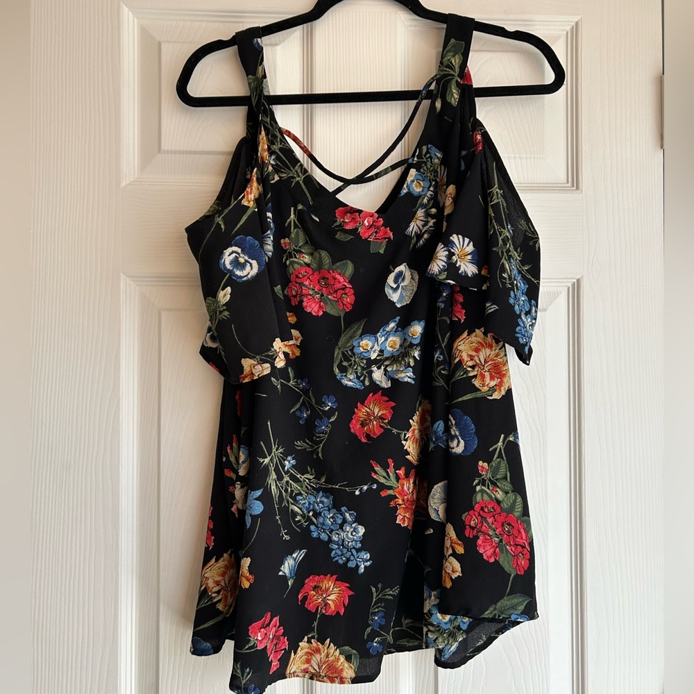 Black Floral Top with Cold Shoulders